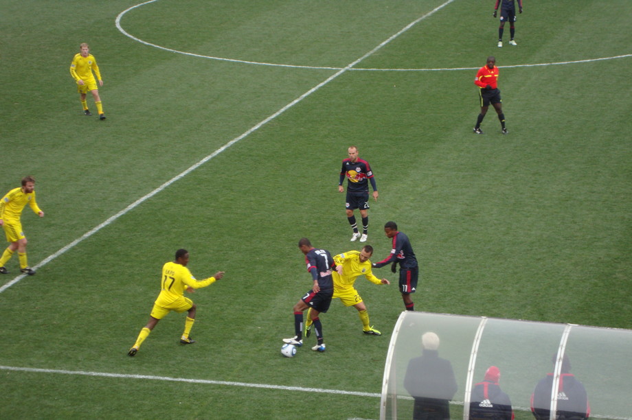 Live action from a soccer game at Crew Stadium&mdash;yellow versus blue