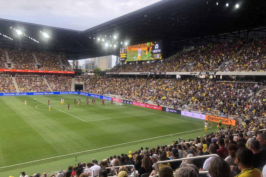 Corner kick in a new, packed stadium