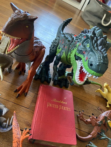 A dark green T-Rex guards his copy of the book