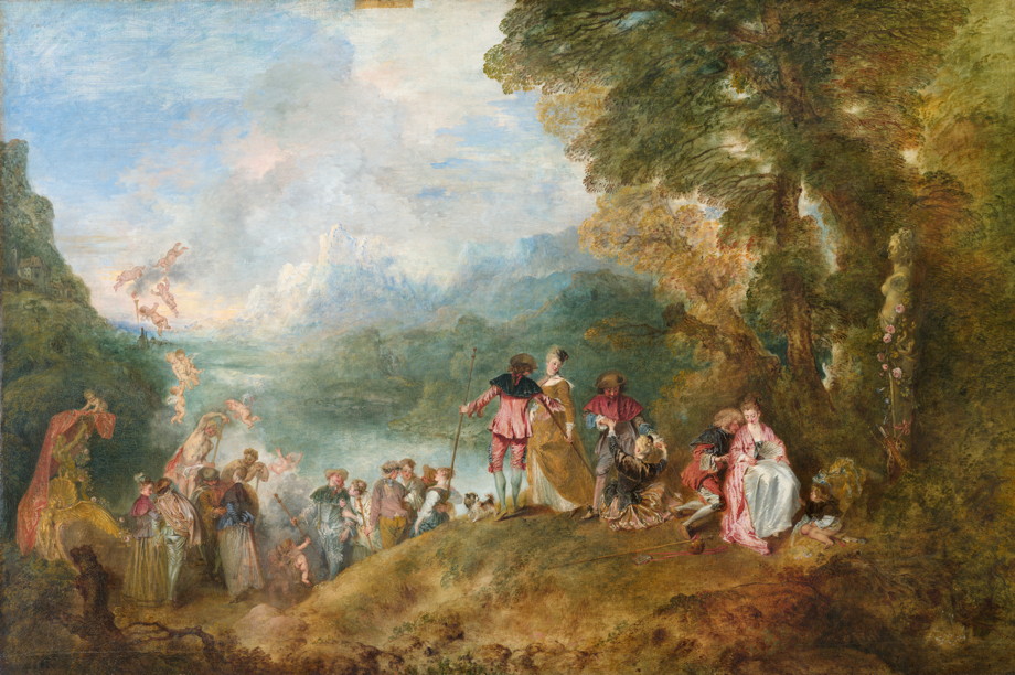 Nobles having a party outside while cherubs float around. A boat waits in the background.