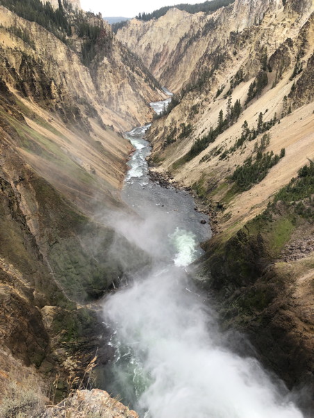 A misty, twisting river snaking through a steep canyon