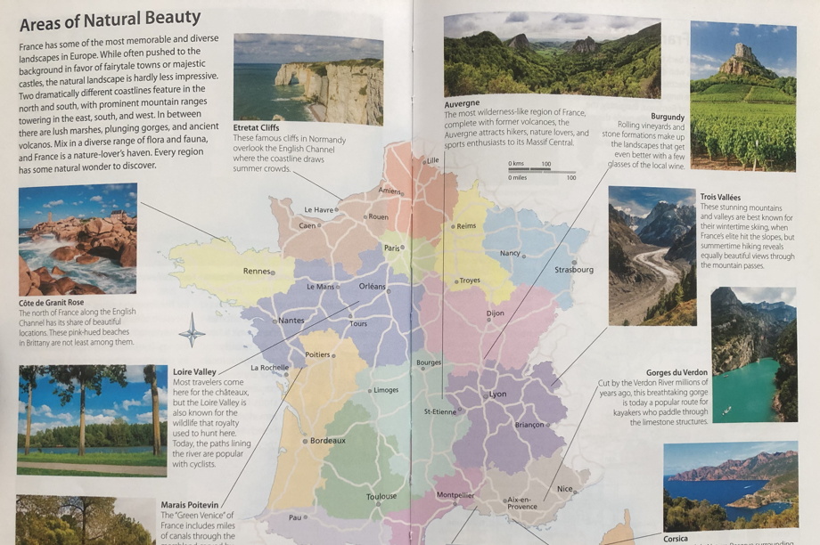 A map of France spread out over two pages with small but colorful landscape photos for every region