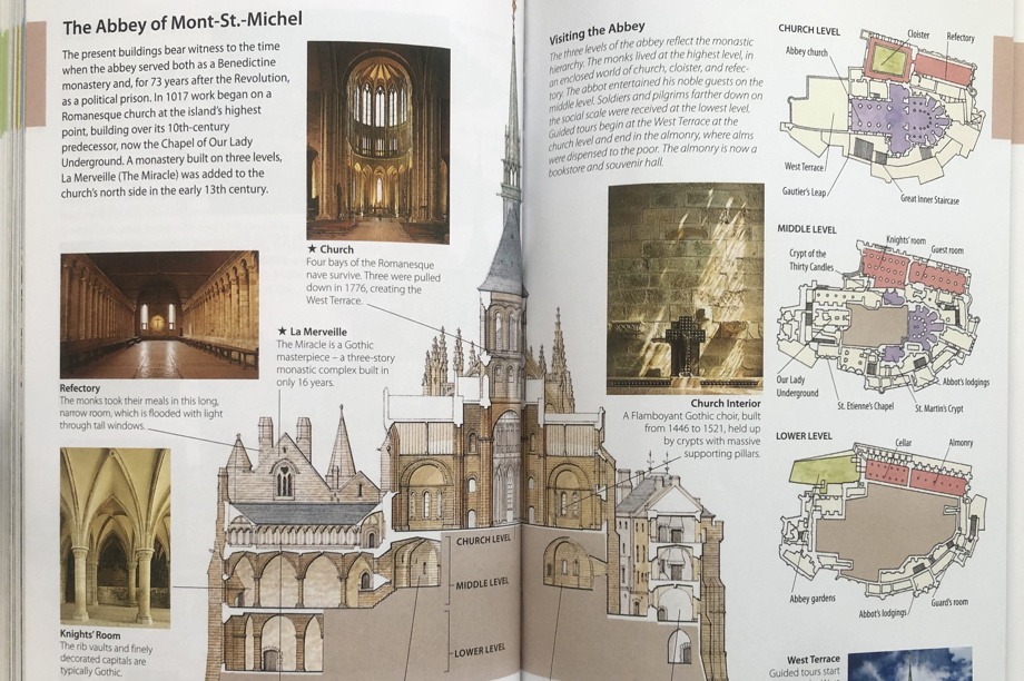 A profile of a large abbey that looks more a cathedral, with photos of cloisters, the church, the refectory, etc, as well as illustrations of the floor plans at each level of the structure