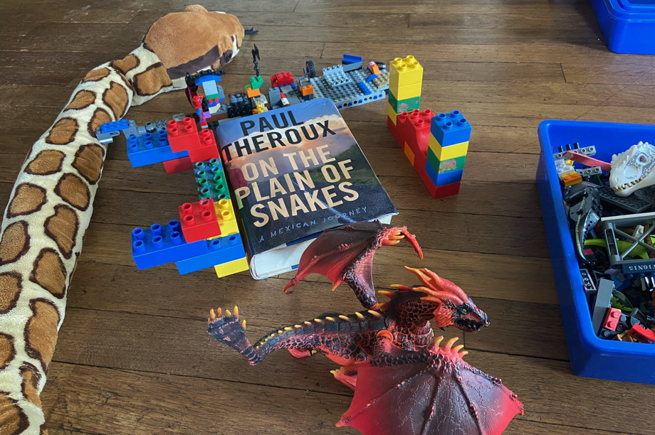 A book surrounded by Legos, a plush snake, and a dragon.