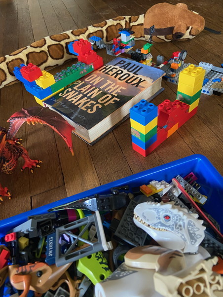 A book surrounded by a plush snake, a red dragon, wings outstretched, and a bin full of Legos