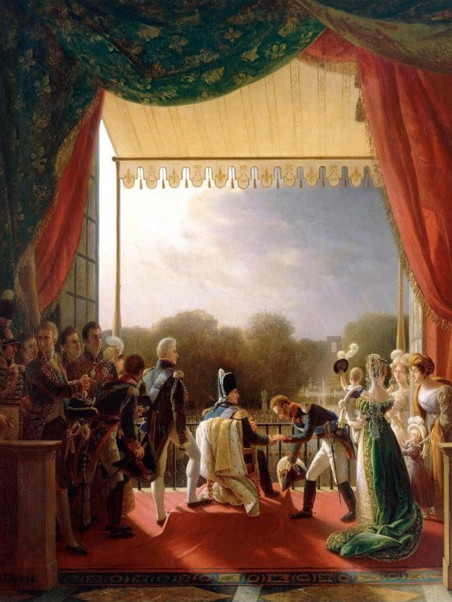 Commander bowing to a seated king, all very grand