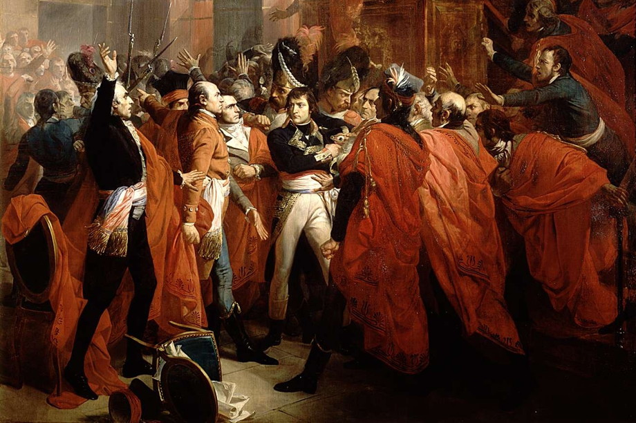 A young Napoleon surrounded by men yelling and looking concerned