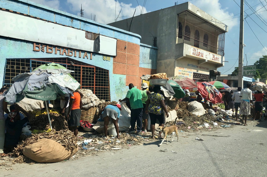 People sifting through trash or rubble in front of decrepit buildings as a dog walks by
