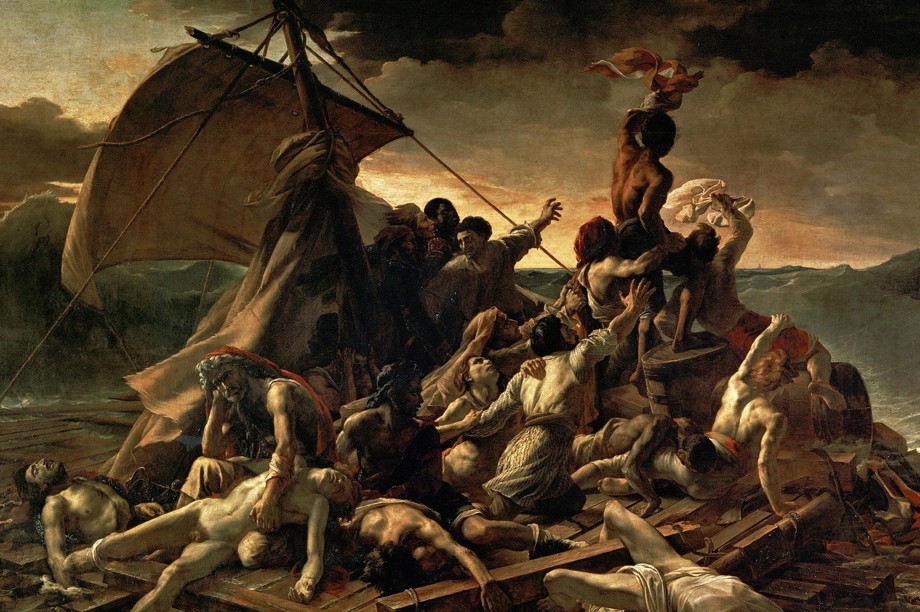 A dramatic bunch of almost dead people, sprawled on a raft with a sail