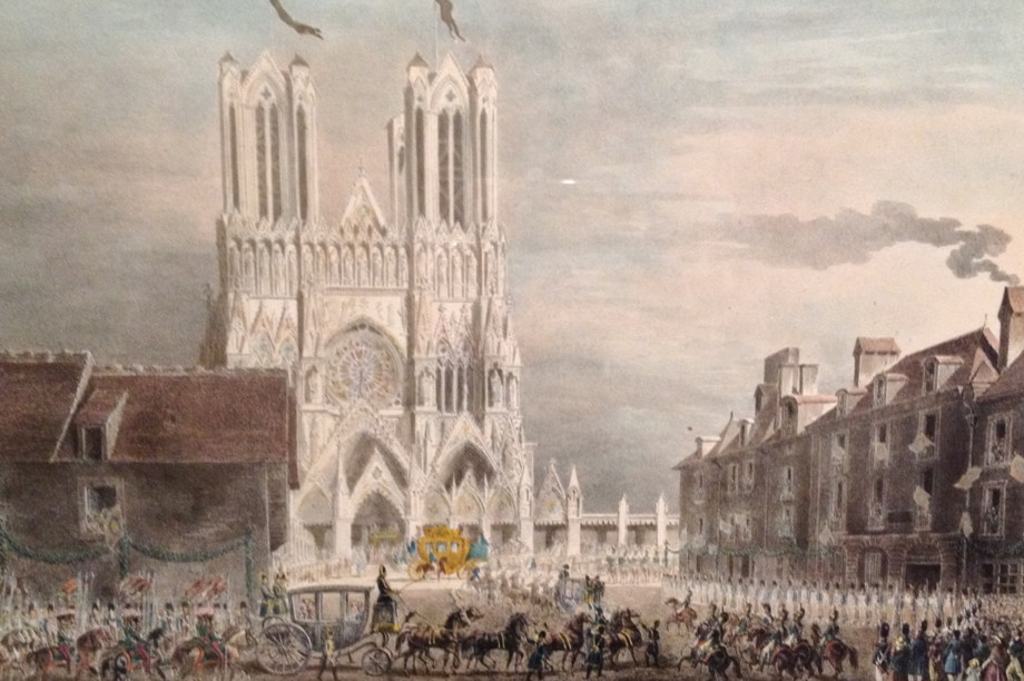Pencil drawing of a church with carriages, soldiers, and cavalry outside